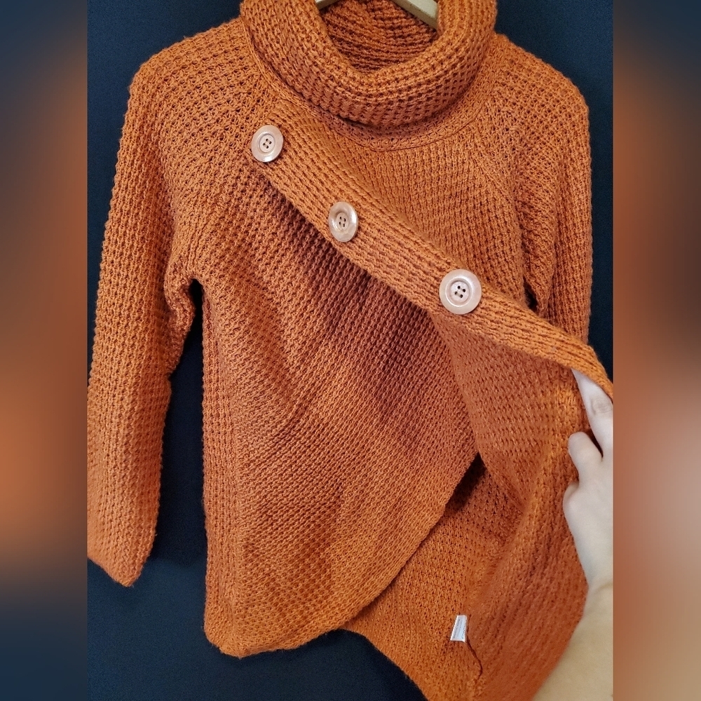 Cozy Orange Knit Sweater with Button Detail - Picture 2 of 7